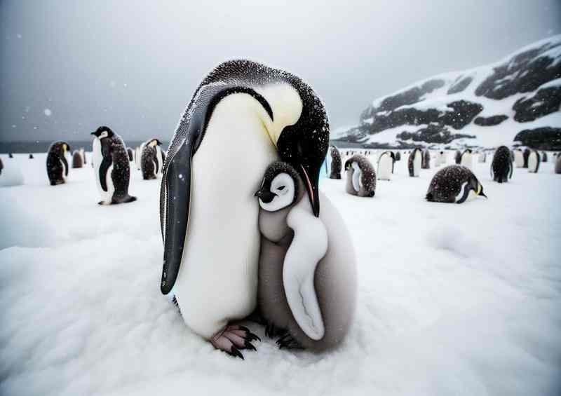 Snowy Snuggles a penguin chick nestled against its parent | Poster