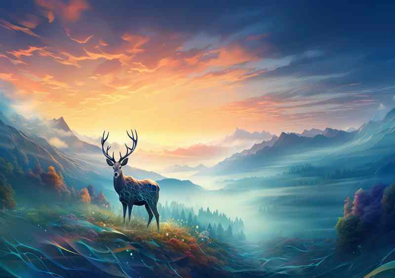 Stag deer and field with a misty sunrise in the morning | Poster