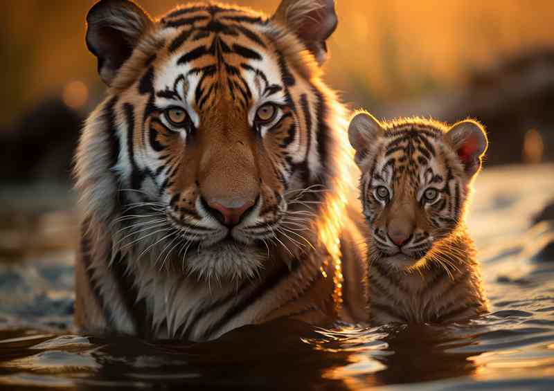 Tiger and cub in the water during the day time | Poster