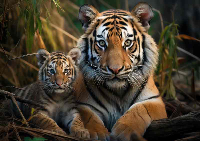 Tiger and her cub resting by the river bank | Canvas