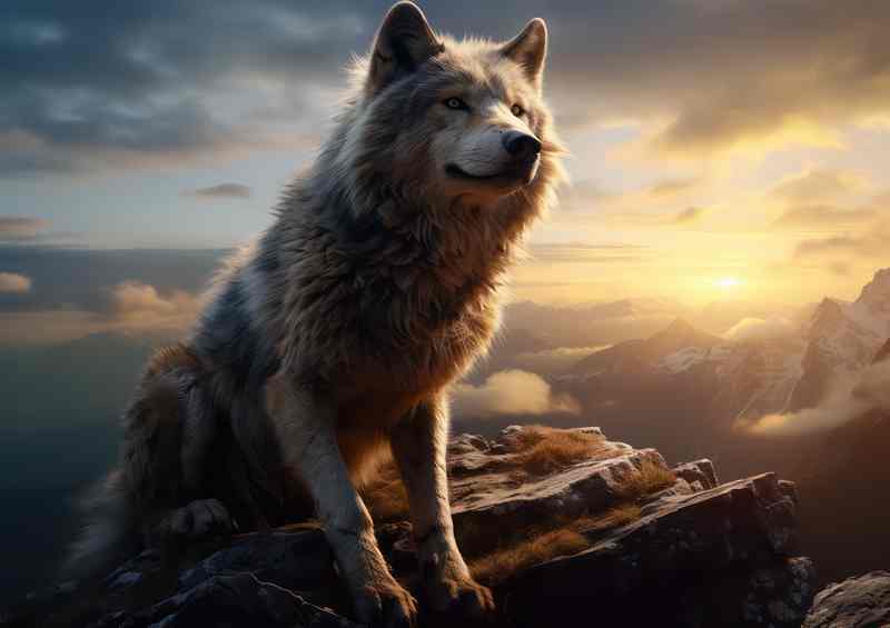Wolf sitting on top of the mountains at sunset | Canvas