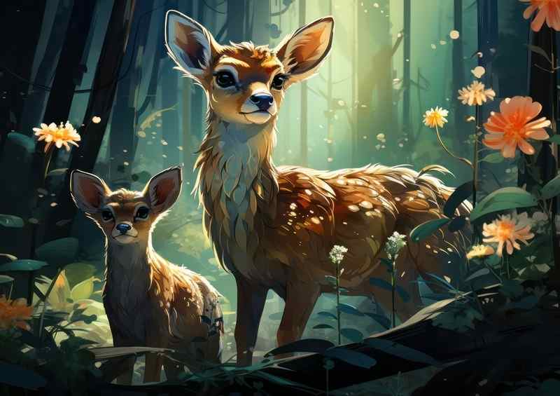 fawns and a deer In the magical woodlands | Canvas
