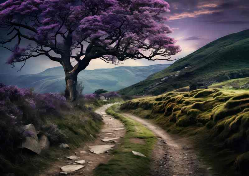A Paath through the mountains with a purple tree | Poster