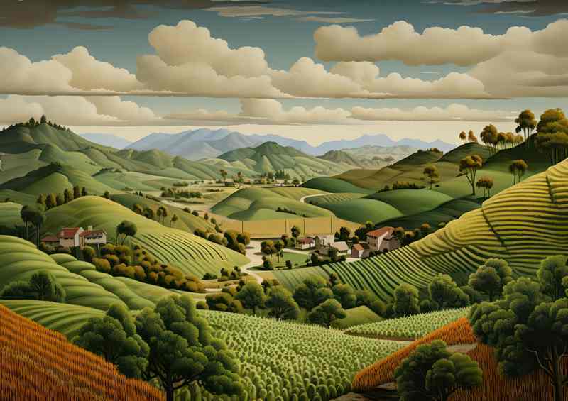 A View of the farm in the vally with green hils | Poster