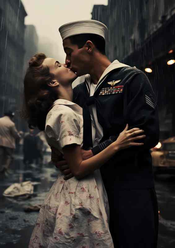 A woman kisses a man on the streets | Metal Poster