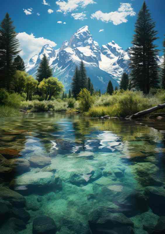 Teton Mountains Reflected, Green Lake & Cloudy Sky Poster