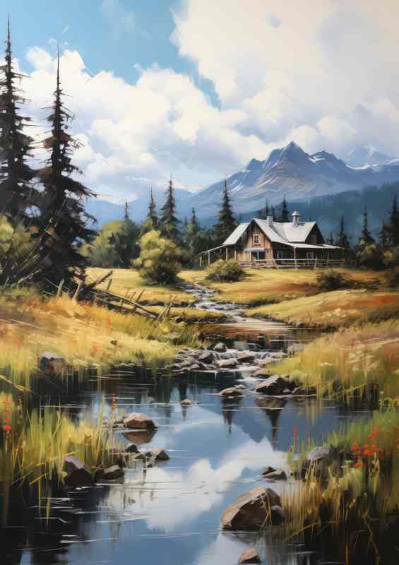 Log Cabin and tall grasses mountains and trees are reflected | Di-Bond