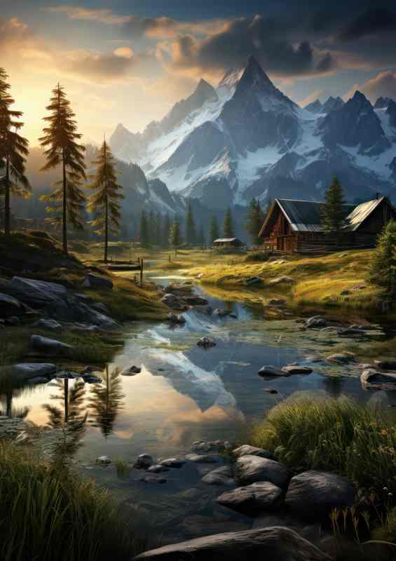 Log Cabin by the snowy mountains with morning mist | Poster