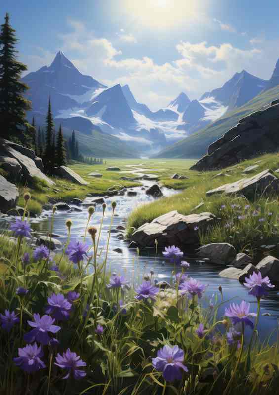 Purple flowers by the stream at the National Park in montana | Canvas