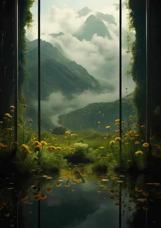 Tall grasses mountains and trees are reflected in a pond | Canvas