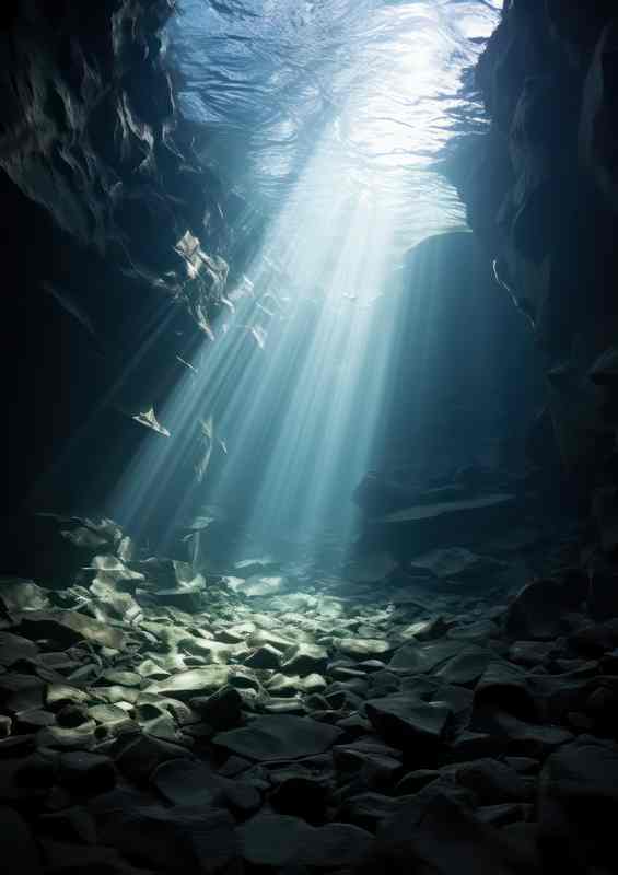 The ocean floor in a cavern is illuminated by light | Di-Bond
