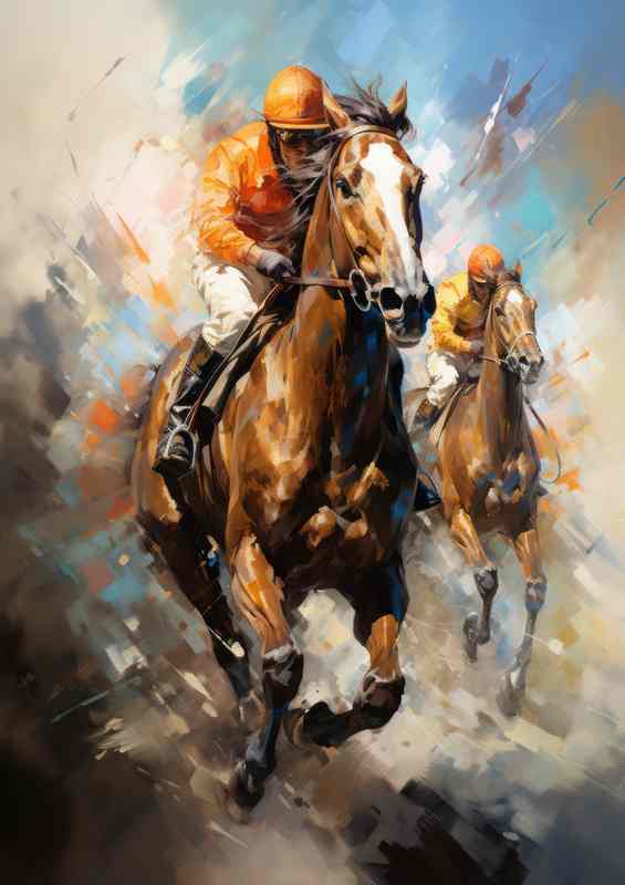Horses racing in a race track painted art style | Poster