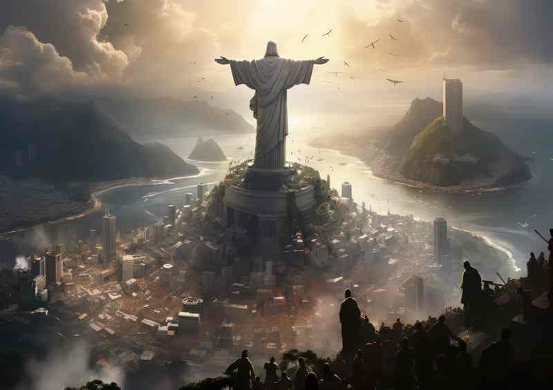 Christ the redeemer statue with the sun abour to rise | Poster