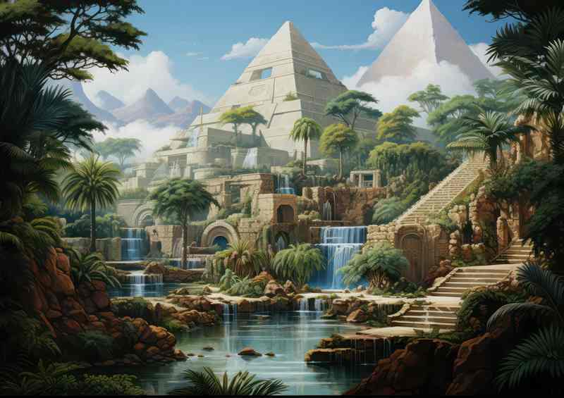 Illustration of a ancient greece and a pyramid in the gardens | Canvas