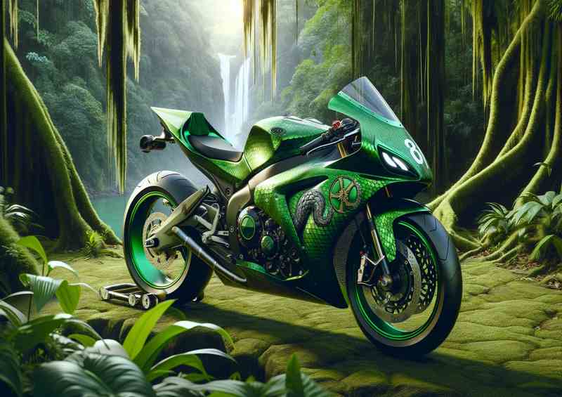 Green Snake Racing Motorcycle In The Jungle | Poster