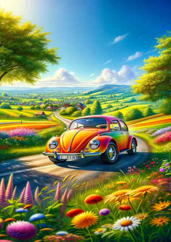 Beetle Car in Vibrant Countryside | Canvas