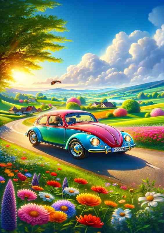 Charming Beetle Car in Vibrant Countryside | Poster