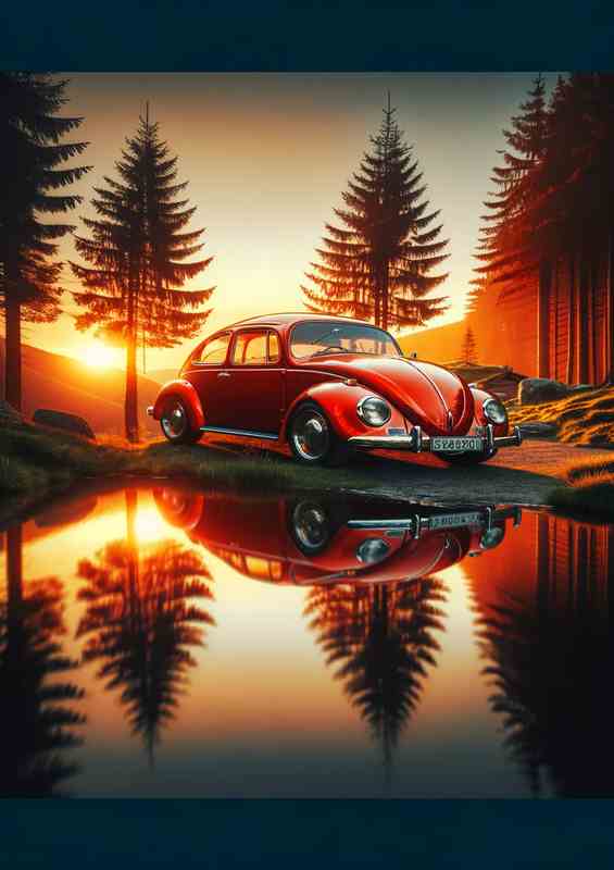 Iconic Red Beetle Car Sunset Reflection | Di-Bond
