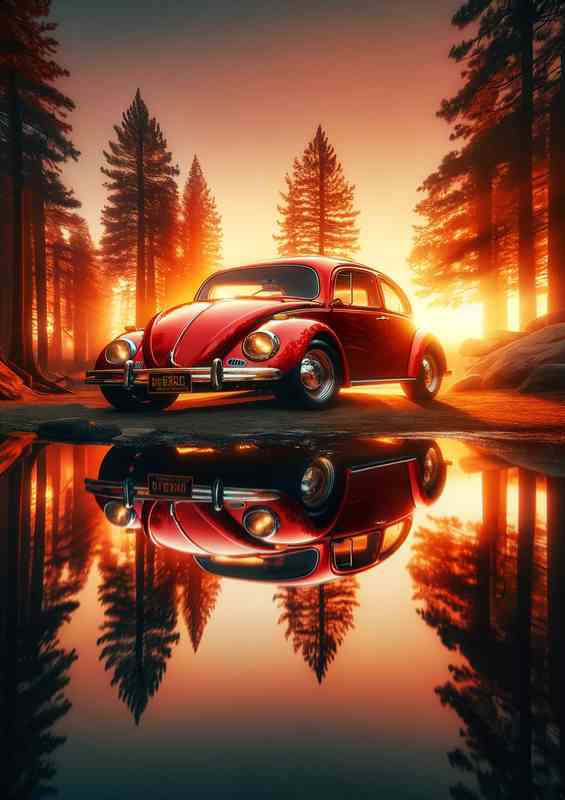 Red Beetle Car Sunset Reflection | Canvas