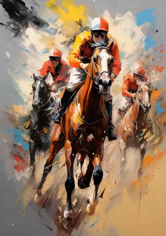 Jockeys on horses of race track winning painted style | Poster