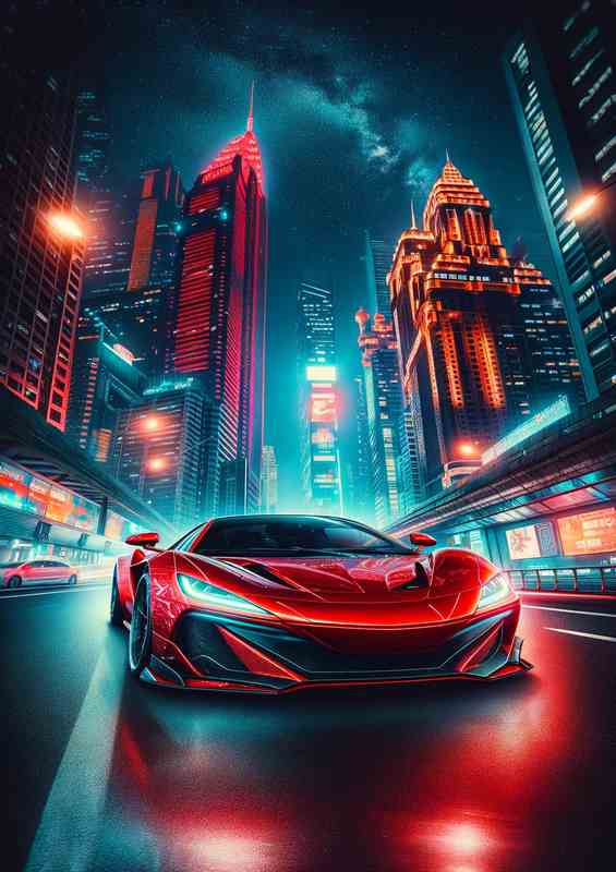 Red Supercar in Dazzling Night Cityscape | Poster