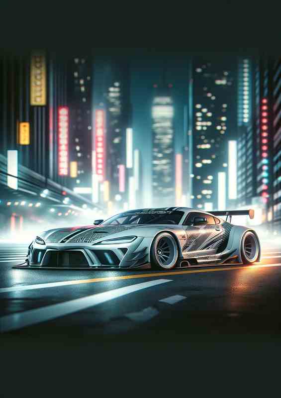 Simplified Graphic Street Racing CarHigh Rise Buildings | Metal Poster