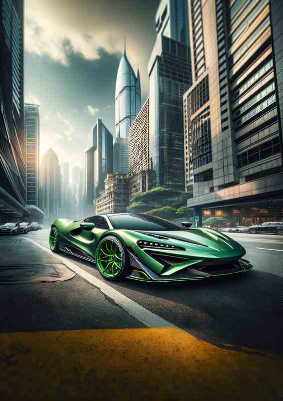 Sleek Green Supercar in Urban Landscape | Poster