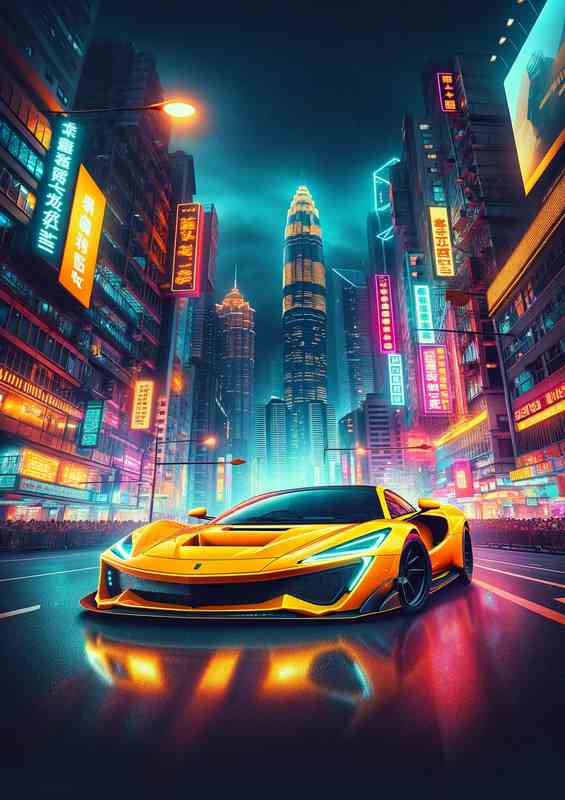 Vibrant Yellow Supercar in Metropolitan Night Scene | Poster