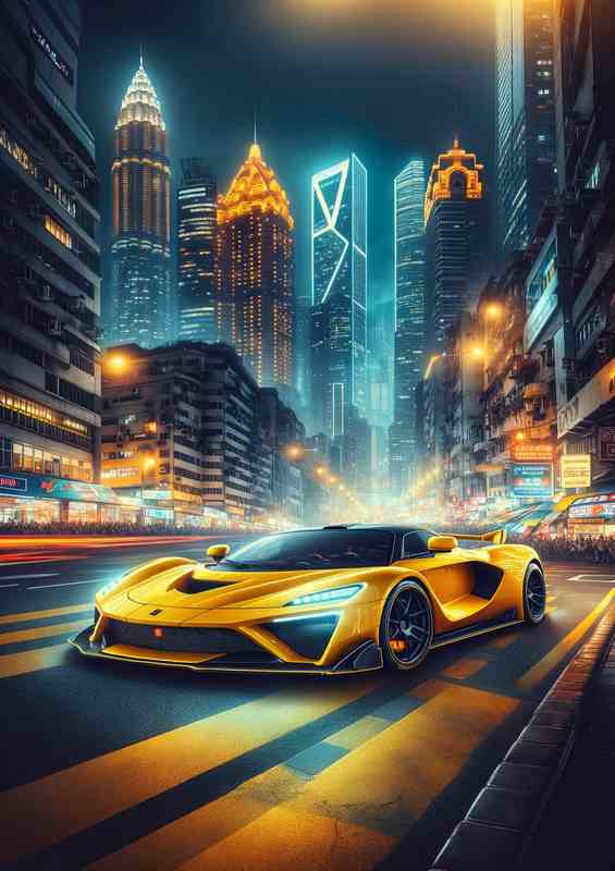 Yellow Supercar in Metropolitan Night Scene | Canvas