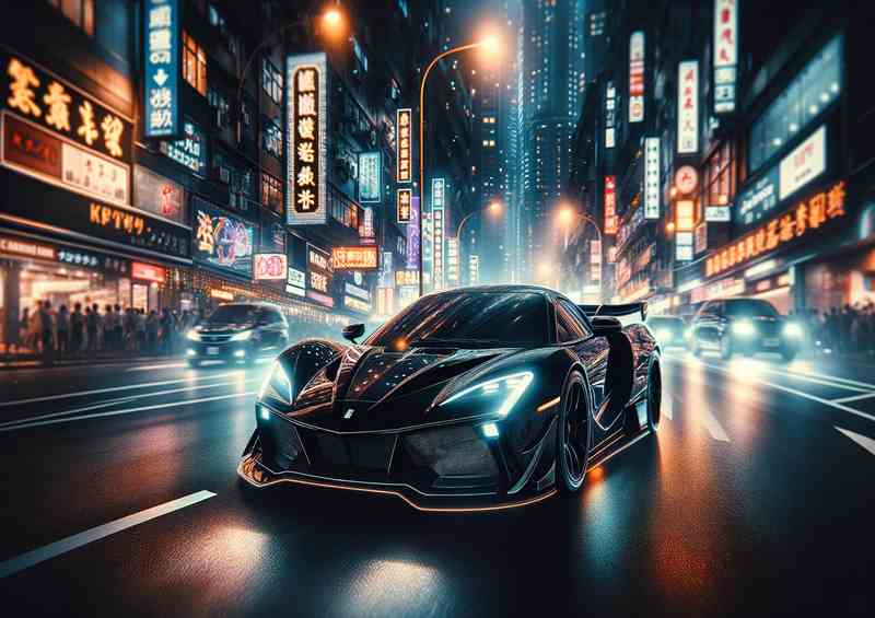 Black Supercar Cruising through Night City | Canvas