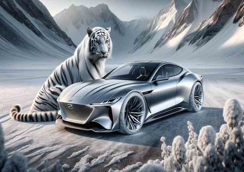 Majestic White Tiger Essence Sleek Silver Car | Poster