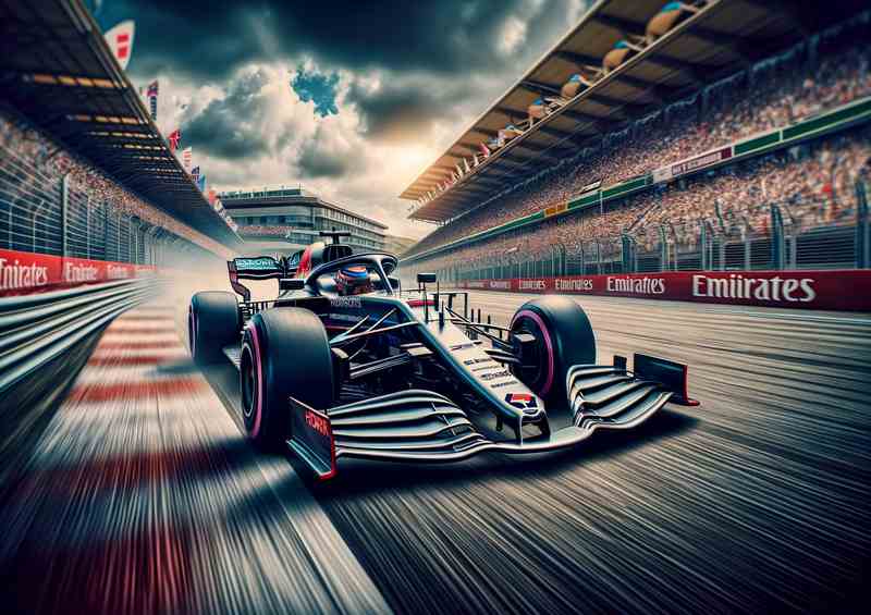 Racing Car Speeding on Track with clouds | Metal Poster