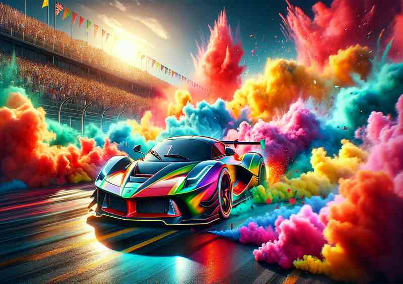 Vibrant Supercar Battle Explosive Colorful Smoke | Metal Poster