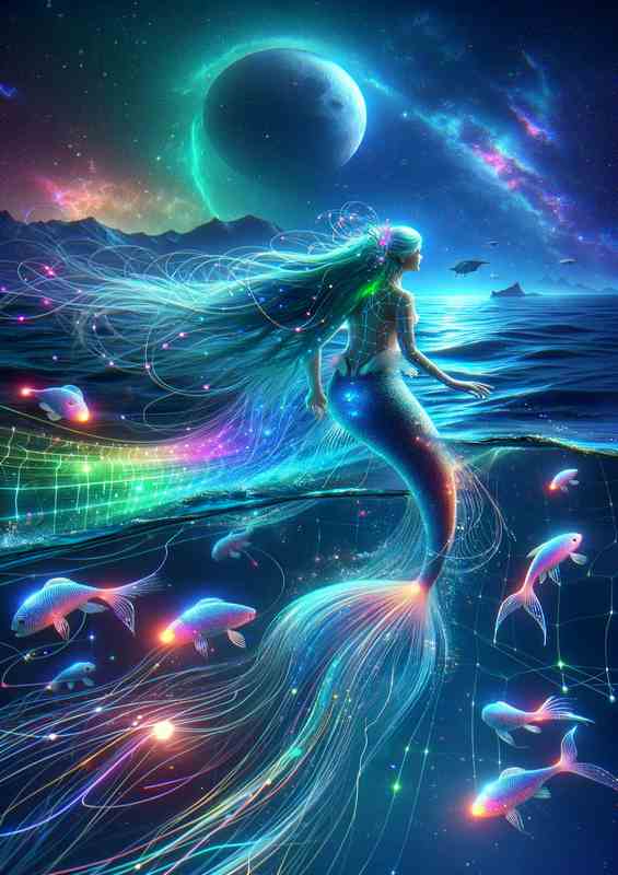 A cybernetic mermaid navigating through a digital ocean | Poster