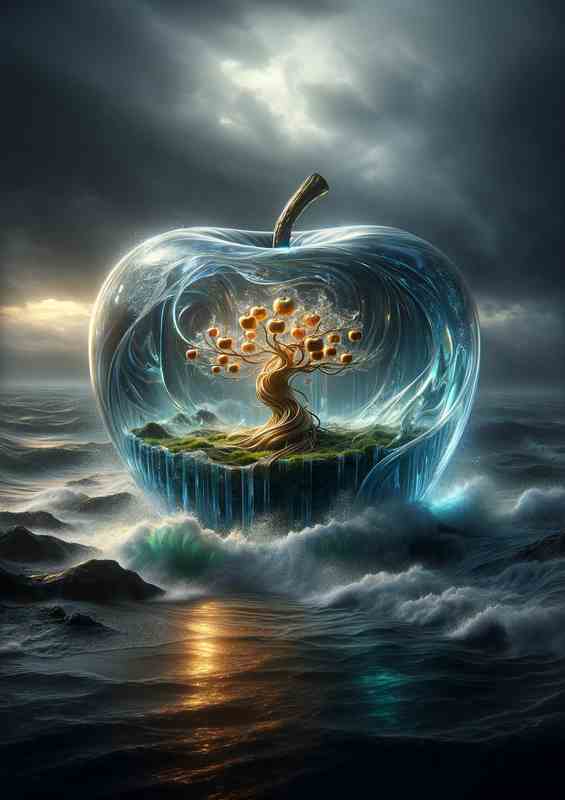 Fantasy Glass Apple Oceanic Tree Design with dark skies above | Canvas