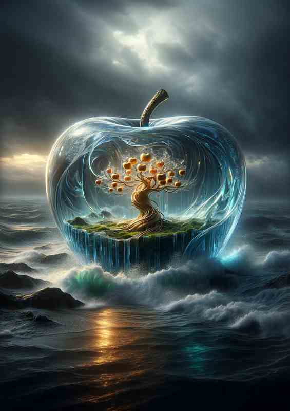 Fantasy Glass Apple Oceanic Tree Design with dark skies above | Poster