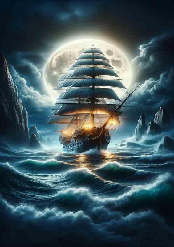 Galleon Moonlit Voyage through Stormy Seas | Di-Bond