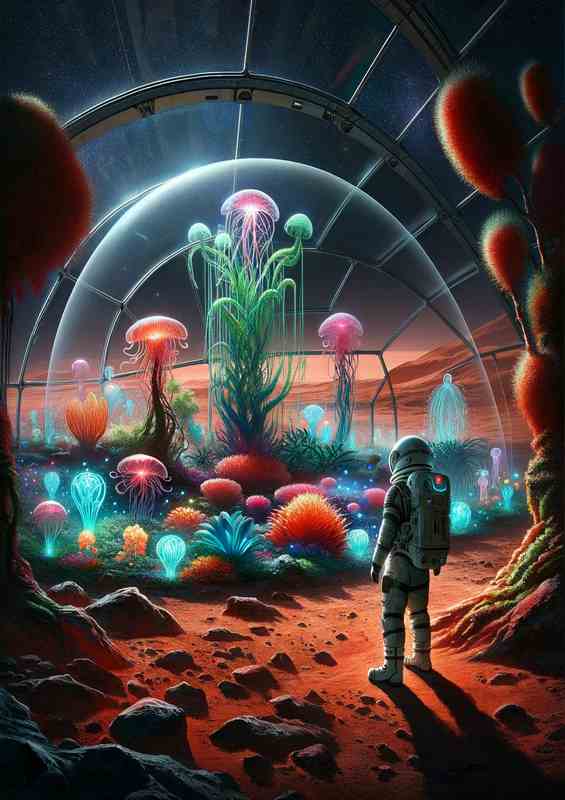 A lone astronaut discovering a garden on Mars | Canvas