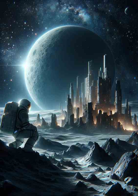 Cinematic Astronaut Discovering Ancient Ruins on a Moon | Metal Poster