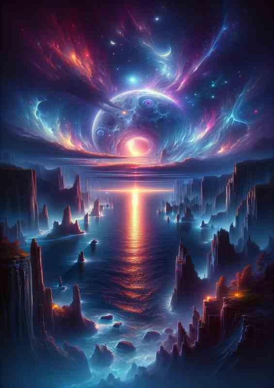 Mystical Twilight Cliffs Celestial Ocean And moons | Di-Bond