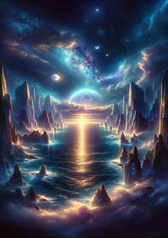 Mystical Twilight Cliffs Celestial Ocean Panorama | Poster