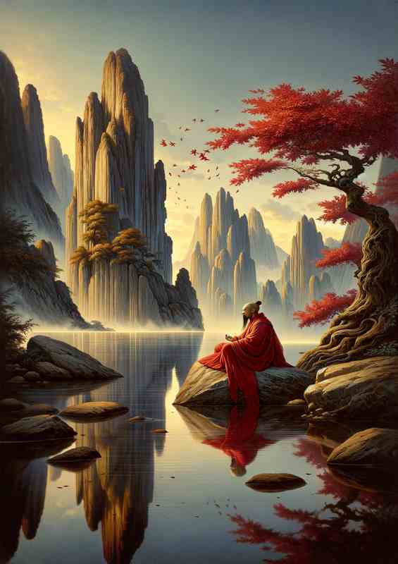 Serene Monk Ancient Chinese Wisdom Art along the river | Poster