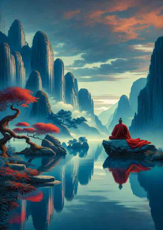 Serene Monk Ancient Chinese Wisdom Art trees river | Metal Poster