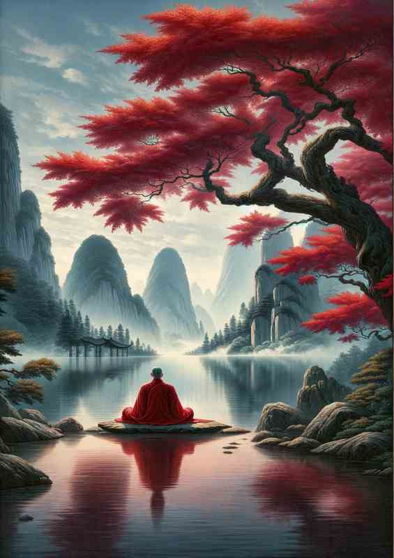 Tranquil Zen Master Red Maple Harmony Art with trees and lake | Poster