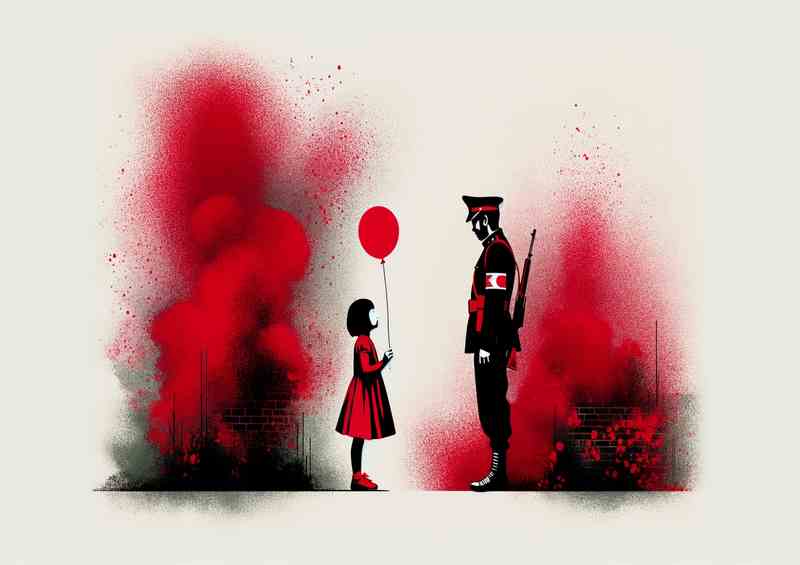 a young girl in a bright red dress holding a balloon | Canvas