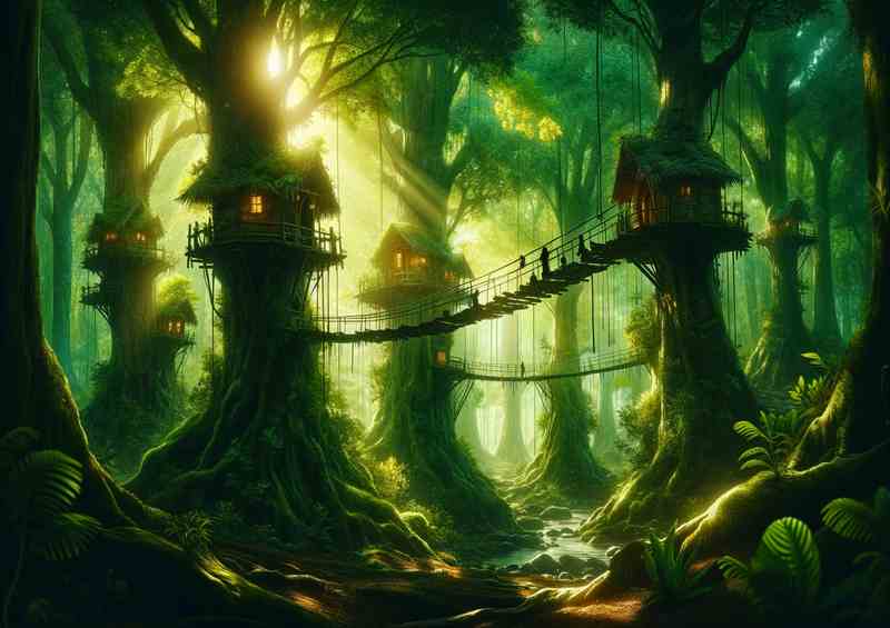 Emerald Canopy Enchanting forest with treehouses | Poster