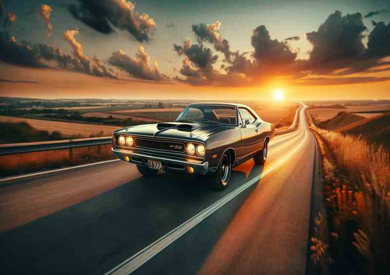 Sunset Muscle Car Cruising Highway Poster