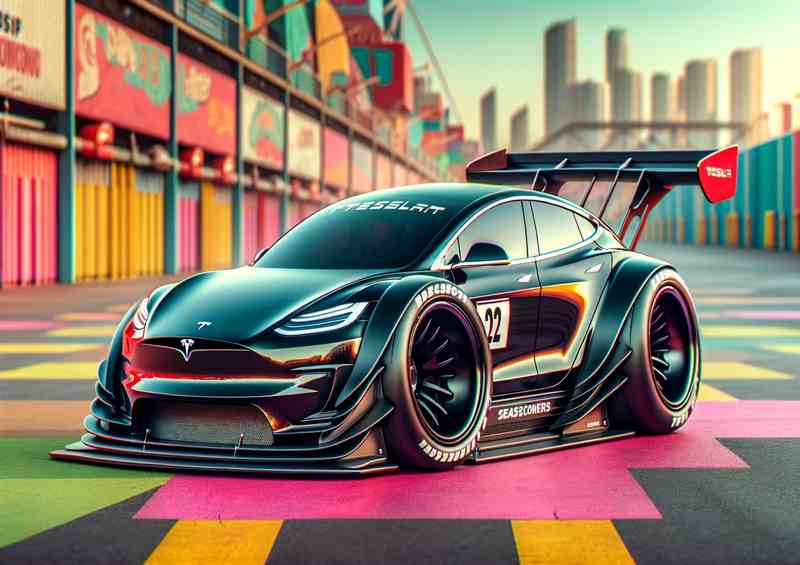 Tesla street racing car with extremely exaggerated features | Poster