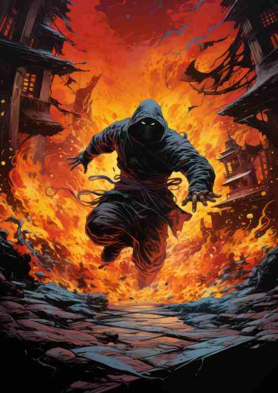 Ninja jumping through fire | Canvas