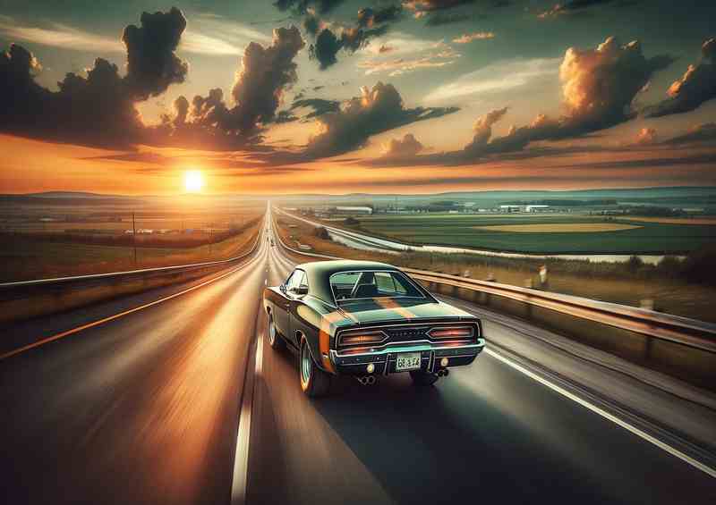 Vintage Muscle Car Cruising on Highway at Sunset | Poster